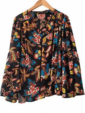 INC International Concepts Black Floral Bell Sleeve Peplum Blouse Boho 1X